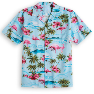Tropical Paradise Blue Hawaiian Shirt with Pink Flamingo