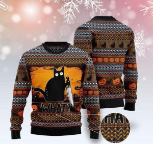 Cat What Murderous Black Cat With Knife Ugly Christmas Sweater