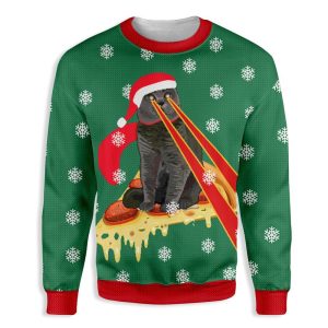 Pizza Cat With Laser Eyes Ugly Christmas Sweater