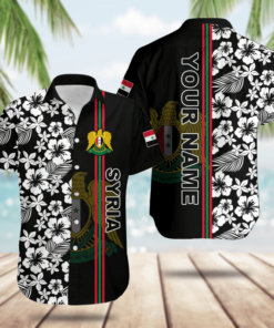 Custom Name Syria Coat Of Arms Hibiscus Pattern Hawaiian Shirt