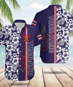 Custom Name Thailand Coat Of Arms Hibiscus Pattern Hawaiian Shirt