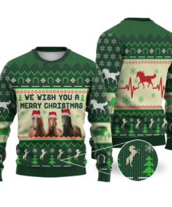 Horse Christmas Ugly Sweater We Wish You A Merry Christmas Three Horses Green Sweater