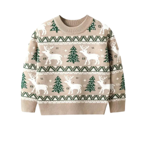 Christmas Knit Pullover Sweater Cartoon Deer & Trees Graphic Print Sweater Fanshubus
