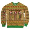 Hot Diggity Dog Ugly Christmas Sweater featuring dabbing hot dogs wearing Santa hats with festive red, green, and yellow patterns. Perfect for holiday parties and food lovers