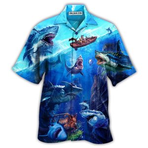 Shark Fishing Shark With Small Ship Blue Ocean - Hawaiian Shirt  - Fanshubus