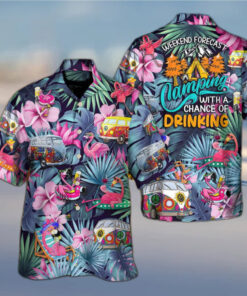 Funny Flamingo Weekend Forecast Camping With A Chance Of Drinking Hawaiian Shirt - Fanshubus