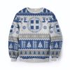 Greece Flag Ugly Christmas Sweater with 3D-printed designs, featuring the Greek flag, traditional Greek key patterns, and festive holiday elements. Ideal for proud Greeks and holiday celebrations.