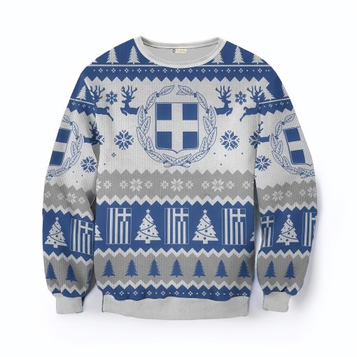 Greece Flag Ugly Christmas Sweater with 3D-printed designs, featuring the Greek flag, traditional Greek key patterns, and festive holiday elements. Ideal for proud Greeks and holiday celebrations.