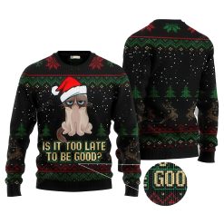 Embrace your inner Grinch with this hilariously grumpy "Is It Too Late To Be Good?" Grumpy Cat Ugly Christmas Sweater! Featuring the internet's favorite feline and a relatable holiday mood, this comfy knit is purrfect for those who love a good laugh, grumpy cats, or just want to keep it real this Christmas. Get yours now and spread some grumpy cheer!