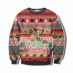 Indiana Jones Merry Christmas Ugly Sweater featuring Indiana Jones in a Santa hat with festive patterns of reindeer, Christmas trees, and Western-inspired holiday designs. Perfect for fans of adventure and holiday parties