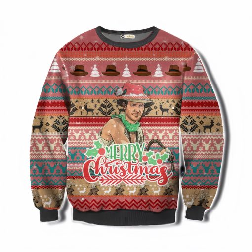 Indiana Jones Merry Christmas Ugly Sweater featuring Indiana Jones in a Santa hat with festive patterns of reindeer, Christmas trees, and Western-inspired holiday designs. Perfect for fans of adventure and holiday parties