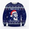 Labyrinth Jareth Ugly Christmas Sweater featuring a humorous graphic of a person wearing a Santa hat, surrounded by snowflakes, Christmas trees, and festive holiday decorations. Perfect for holiday parties and fans of unique sweaters