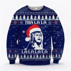 Labyrinth Jareth Ugly Christmas Sweater featuring a humorous graphic of a person wearing a Santa hat, surrounded by snowflakes, Christmas trees, and festive holiday decorations. Perfect for holiday parties and fans of unique sweaters