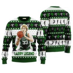 Larry Legend Ugly Christmas Sweater featuring Larry Bird in a Boston Celtics jersey, with festive green and white patterns, shamrocks, Christmas gifts, and basketball designs. Perfect for basketball fans and holiday celebrations.