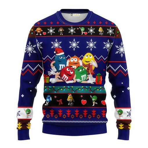 Festive M&M's Ugly Christmas Sweater featuring colorful M&M's characters with snowflakes, holiday decorations, and a vibrant blue design. Perfect for candy lovers and holiday parties