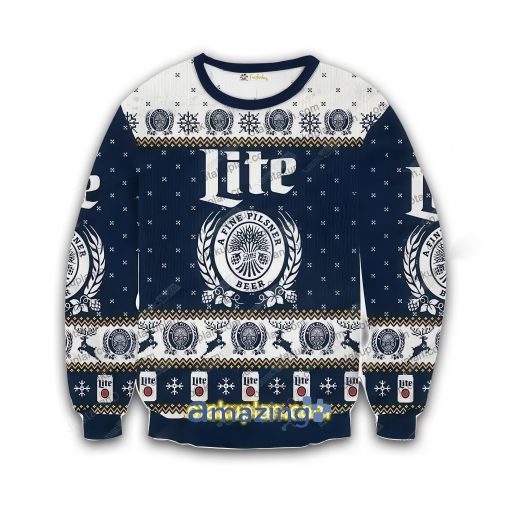 Miller Lite Ugly Christmas Sweater featuring 3D-printed designs with the iconic Miller Lite logo, beer-themed patterns, and festive holiday elements. Perfect for beer fans and holiday celebrations.