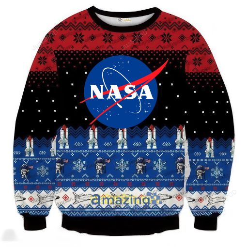 NASA Ugly Christmas Sweater with the NASA logo, space shuttles, and astronauts, designed for space enthusiasts and perfect for festive holiday events.