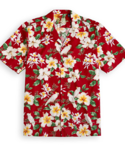 Red short-sleeved Hawaiian shirt with parrot print Fanshubus