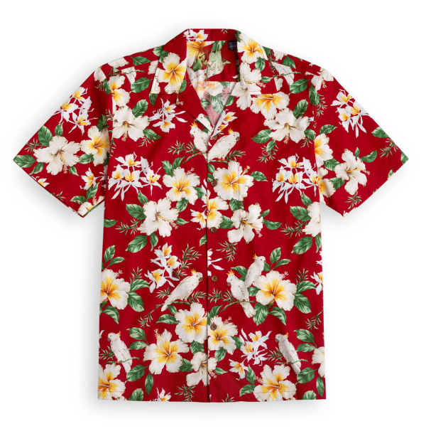 Red short-sleeved Hawaiian shirt with parrot print Fanshubus