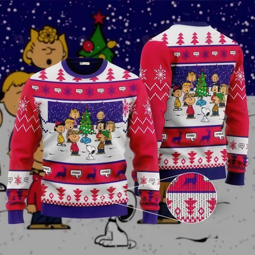 Snoopy Christmas Ugly Sweater featuring Snoopy, Charlie Brown, and Peanuts characters in a pink and blue holiday design with Christmas night elements. Ideal for Peanuts fans and festive celebrations.