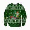 Green Thundercats Ho Ugly Christmas Sweater featuring Lion-O in a Santa hat, Christmas tree with gifts, snowflakes, reindeer, and Thundercats characters. Perfect for fans of the classic cartoon and holiday celebrations