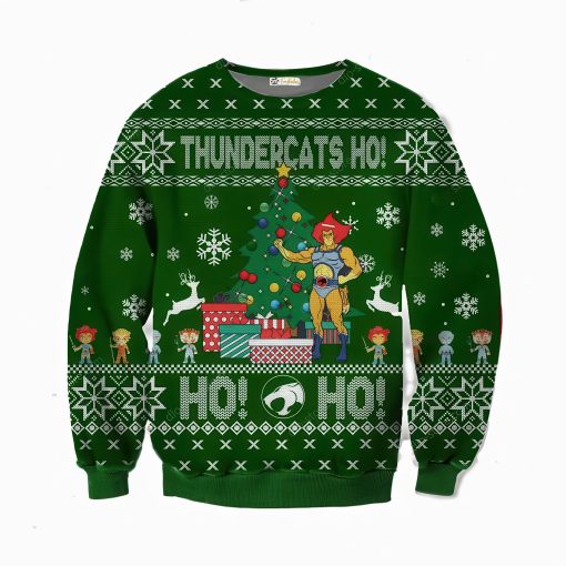 Green Thundercats Ho Ugly Christmas Sweater featuring Lion-O in a Santa hat, Christmas tree with gifts, snowflakes, reindeer, and Thundercats characters. Perfect for fans of the classic cartoon and holiday celebrations
