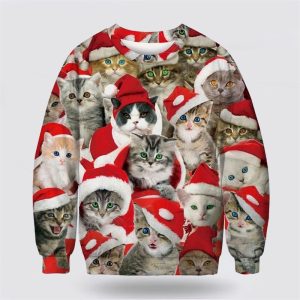 Adorable Cat With Red Hat Ugly Christmas Sweater, Jumper - Cat Lover Christmas Sweater - Fanshubus