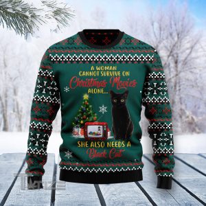 Black Cat Christmas Movie Ugly Christmas Sweater, Jumper- Fanshubus