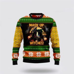 Black Cat Mask Up Witches Ugly Christmas Sweater, Jumper - Cat Lover Christmas Sweater - Fanshubus