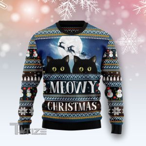 Black Cat Meowy Christmas Ugly Christmas Sweater, Jumper- Fanshubus