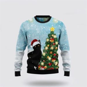 Black Cat Noel Tree Ugly Christmas Sweater, Jumper - Cat Lover Christmas Sweater - Fanshubus