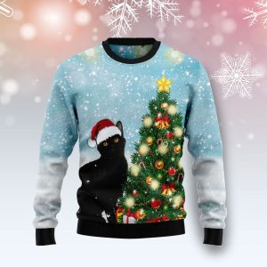 Black Cat Noel Tree Ugly Christmas Sweater, Jumper For Men &amp; Women - Fanshubus