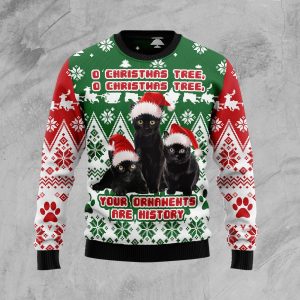 Black Cat Oh Christmas Tree Ugly Christmas Sweater, Jumper - Fanshubus