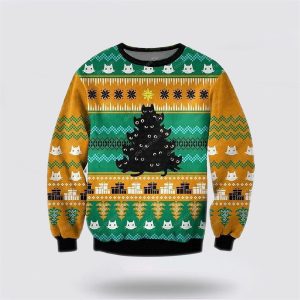 Black Cat Tree Meowy Ugly Christmas Orange Sweater - Cat Lover Christmas Sweater - Fanshubus