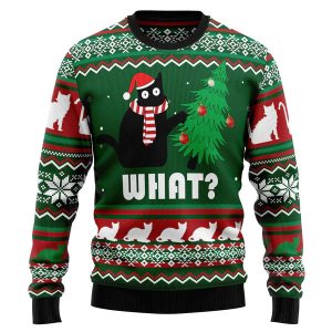 Black Cat What Christmas Ugly Christmas Sweater, Jumper - Fanshubus