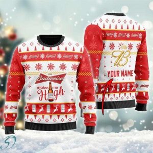 Budweiser Makes Me High Custom Ugly Christmas Sweater, Jumpers - Fanshubus
