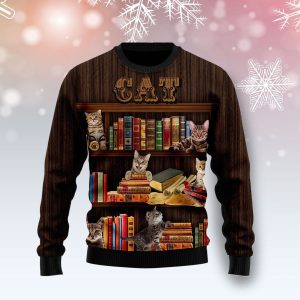 Cat Bookcase Ugly Christmas Sweater, Jumper For Men &amp; Women Adult - Fanshubus