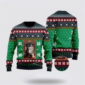 Cat Christmas Snow Window Ugly Christmas Sweater, Jumper - Cat Lover Christmas Sweater - Fanshubus