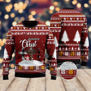 Christian beginswith christ ugly Christmas Sweater For Men &amp; Women Adult - Fanshubus