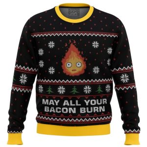 Cute Xmas Ugly Sweater Studio Ghibli May All Your Bacon Burn Calcifer Ugly Christmas Sweater, Jumper| Woolen Christmas Gift - Fanshubus
