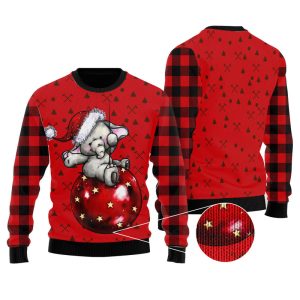 Elephant Cute Red Pattern Ugly Christmas Sweater, Jumper For Men &amp; Women - Fanshubus
