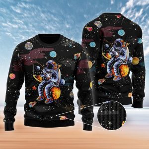 Funny Astronaut Fishing In Space Ugly Christmas Sweater, Jumper For Men &amp; Women - Fanshubus