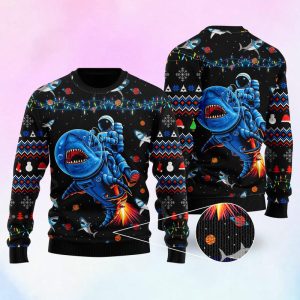Funny Astronauts Ride A Shark In Space Ugly Christmas Sweater, Jumper For Men &amp; Women - Fanshubus