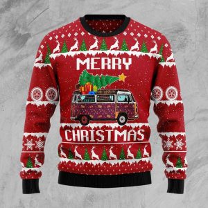 Hippie Car Merry Christmas Ugly Christmas Sweater, Jumper For Men &amp; Women - Fanshubus