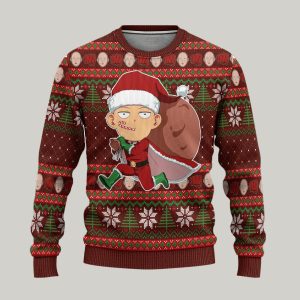 One Punch Man Anime Santa Saitama Custom Ugly Christmas Sweater, Jumpers - Fanshubus