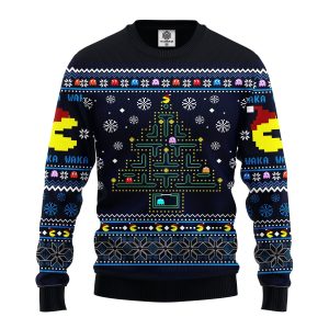 Pacman Christmas Tree Ugly Christmas Sweater, Jumper - Fanshubus