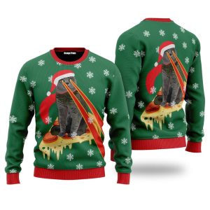 Pizza Cat With Laser Eyes Green Ugly Christmas Sweater, Jumper For Men &amp; Women - Fanshubus