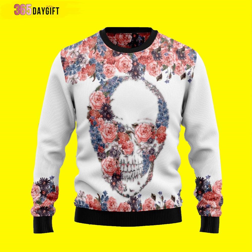 Skull Flowers Pink Flower Horror Ugly Christmas Sweater, Jumper - Fanshubus
