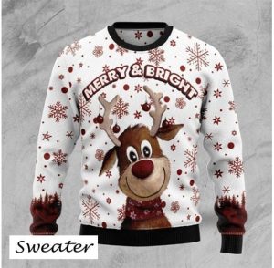 So Cute Little Reindeer Merry And Bright Gift For Christmas Ugly Christmas Sweater, Jumper - Fanshubus