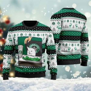 Starbucks Cat Meme All-Over Print Ugly Christmas Sweater, Jumper - Fanshubus